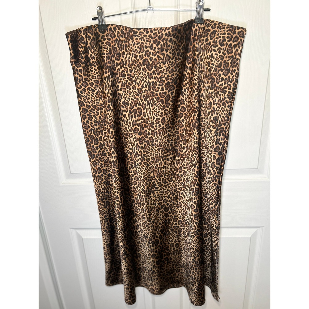 Gap Midi Skirt Leopard Print XXL Brown Satin Side Slit Elastic Waist Chic
